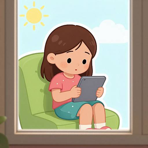 Digital cartoon of a brown-haired girl with a pink shirt and blue shorts, sitting on a green chair, using a tablet, seen through a window with