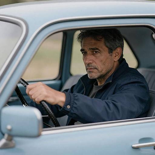 Intense Man in Vintage Blue Car