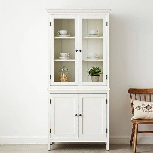 Photograph of a white wooden hutch with glass doors, displaying white cups, saucers, and a jar of sugar. A wooden chair with