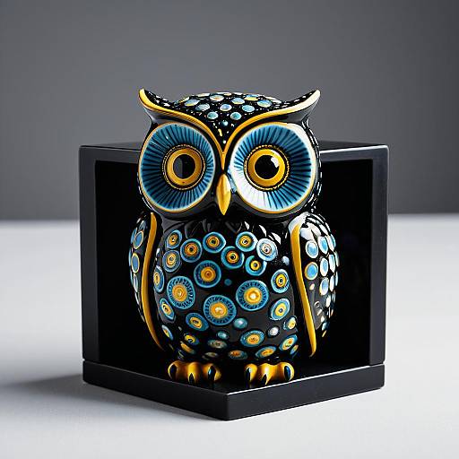 Intricate Ceramic Owl Figurine in Black Display Cube