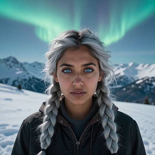 South Asian Woman with Blue Eyes under Aurora Borealis