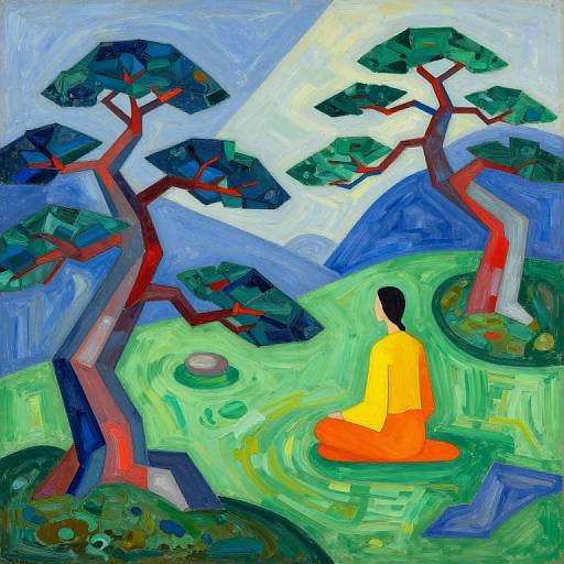 Vibrant painting of a yellow-robed figure meditating under two stylized trees with red trunks in a green, blue, and white landscape