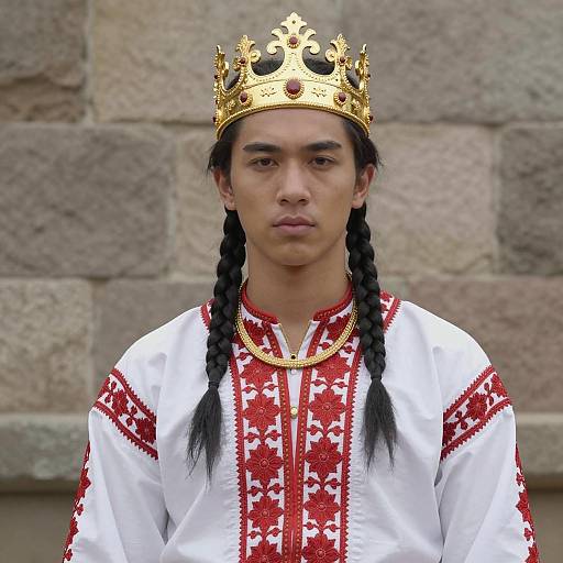 Young Man in Traditional Regal Attire with Gold Crown