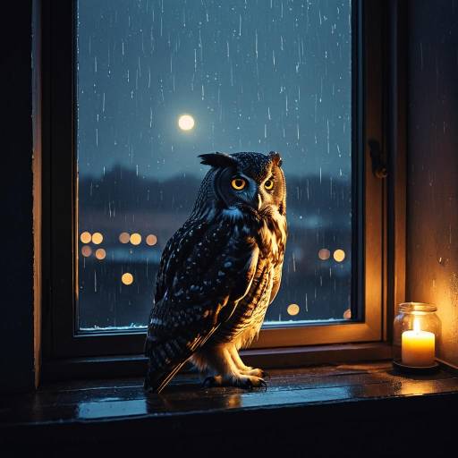 Owl on Window Sill in Rainy Evening