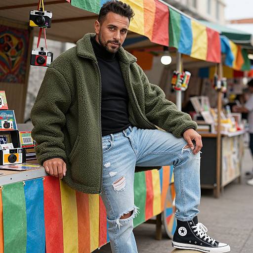Man in Olive Green Sherpa Jacket at Street Market