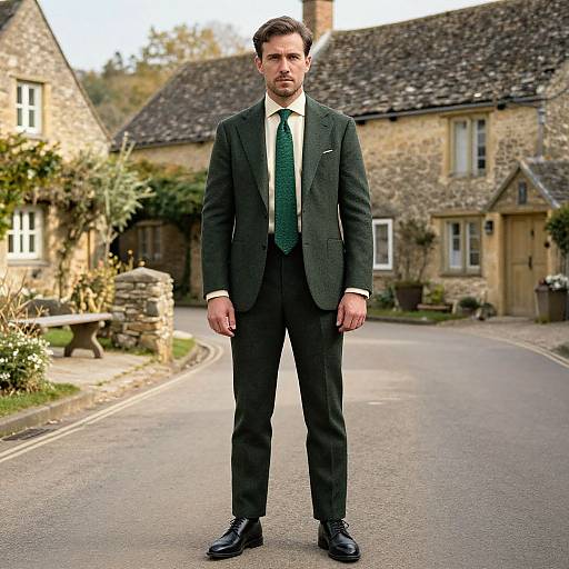Photograph of a serious, handsome man in a dark green suit, white shirt, and green tie standing on a quaint, stone cottage-lined rural street