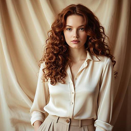 Portrait of Woman with Curly Auburn Hair in Cream Silk Blouse