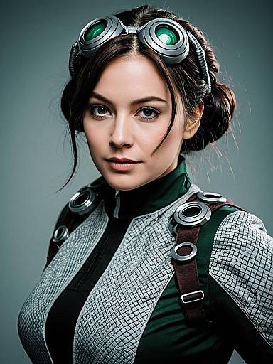 Photorealistic digital art of a young woman with green goggles on her head, wearing a grid-patterned, black-turtleneck bodysuit,