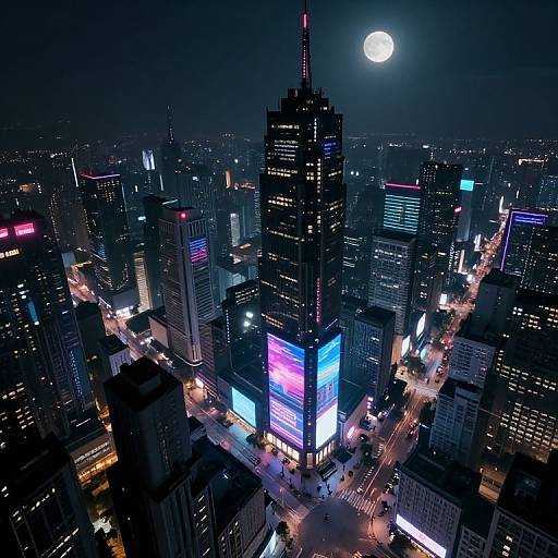 Aerial photograph of a neon-lit, bustling cityscape at night with a full moon, featuring tall skyscrapers and vibrant digital billboards.