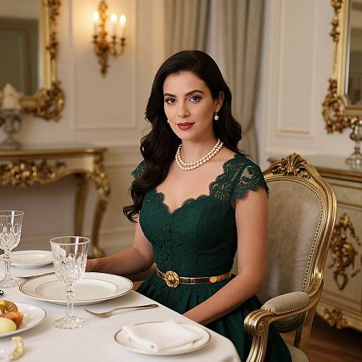 Photograph of a beautiful woman with long, wavy black hair in a green lace dress, pearl necklace, and gold belt, seated at an elegant