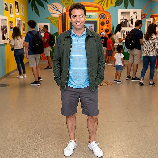 Photograph of a smiling middle-aged man with short dark hair, wearing a green jacket, blue striped shirt, and gray shorts, standing in a brightly