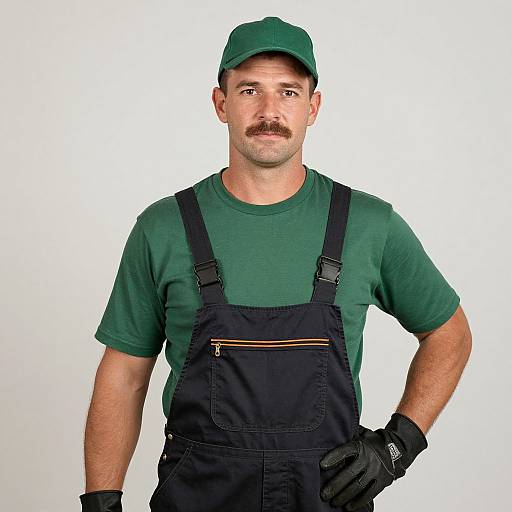 Photograph of a Caucasian man with a mustache, green cap, green shirt, black overalls, black gloves, standing against a white background.