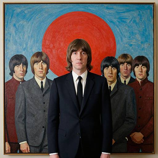 Painting of The Beatles: central figure in black suit, white shirt, black tie, six band members with medium-length brown hair, red sunburst