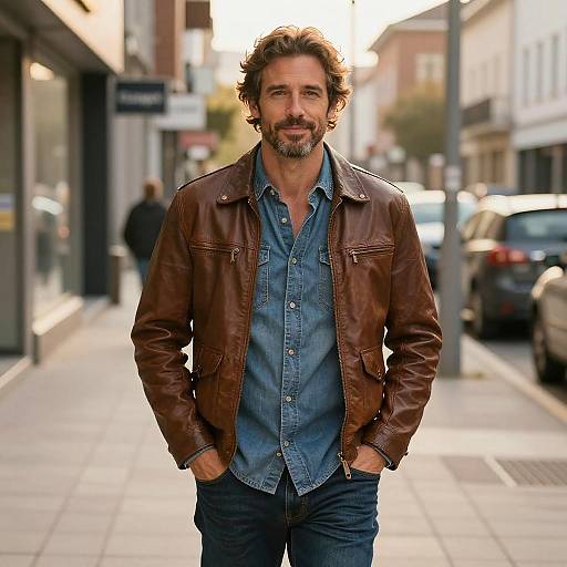 Photograph of a rugged, bearded man with wavy brown hair, wearing a brown leather jacket and blue denim shirt, standing on a sunlit