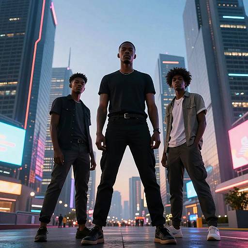 Photograph of three Black men standing in a neon-lit urban street at dusk, wearing casual clothes; central man bald, flanked by two with