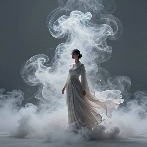 Photograph of a silhouetted woman in a flowing white dress, surrounded by ethereal, glowing white smoke, standing against a dark, sm