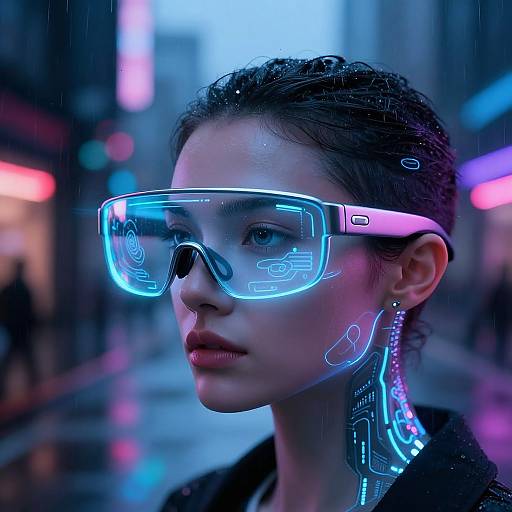 Cyberpunk portrait of a woman with glowing blue augmented reality visor and neon-lit cybernetic neck implant, standing in a rainy city street