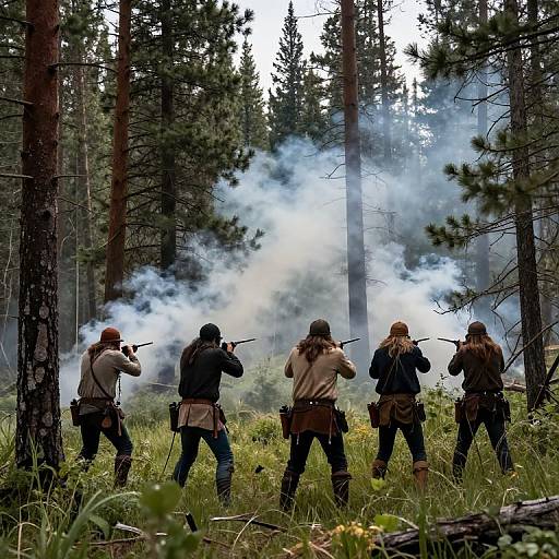 Photograph of five archers in a forest, firing arrows with white smoke, standing amidst tall trees and green grass.