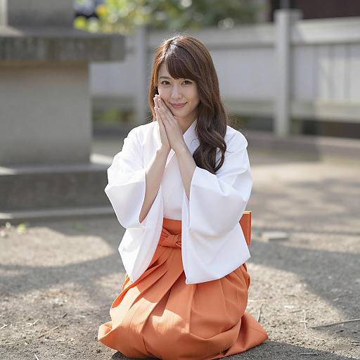 Asian Woman Wearing Kimono and Hakama Kneeling Outdoors
