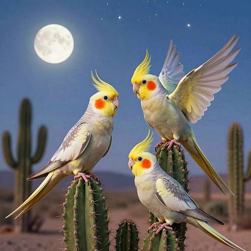 Whimsical Cockatiels on Cacti