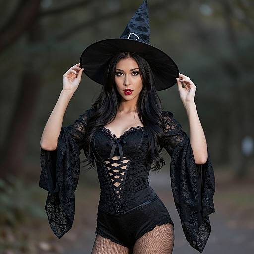 Photograph of a sexy, pale-skinned woman with long black hair, wearing a black lace corset, fishnet stockings, and witch hat,