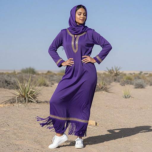 Woman in Purple Traditional Dress with Fringed Hem in Desert