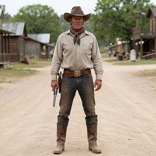 Rugged Cowboy on Dusty Frontier Road