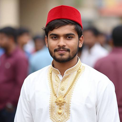 Photograph of a young South Asian man with dark hair and beard, wearing a red cap and white embroidered kurta, gold necklace, smiling in a