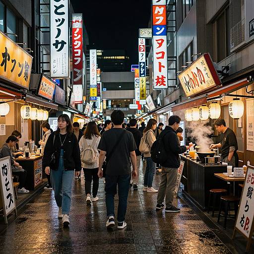 Photograph of a bustling Japanese street at night, lined with brightly lit, colorful neon signs, and crowded with people eating at outdoor food stalls.