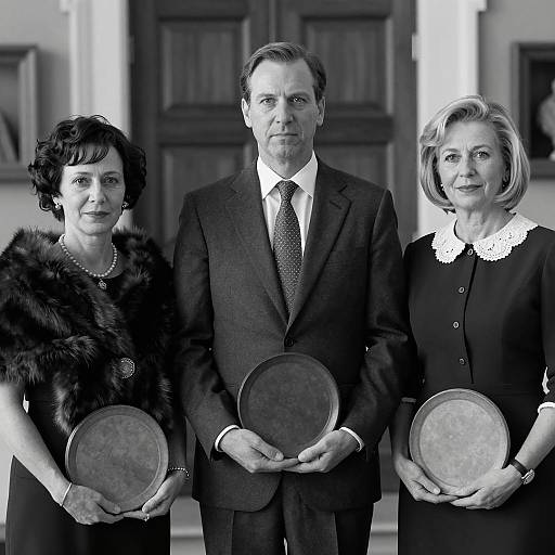 Black and White Portrait of Three People Holding Round Objects