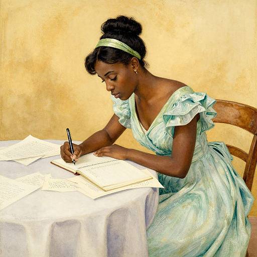 Photograph of a dark-skinned Black woman with a bun, wearing a light green, off-shoulder dress, writing in a notebook at a
