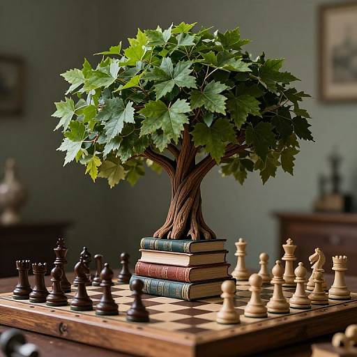 Photograph of a chess set with black and white pieces on a wooden table, stacked books supporting a leafy green tree sculpture in the background.