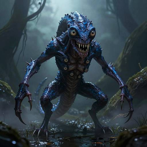 Six-Eyed Horror Creature in Swamp