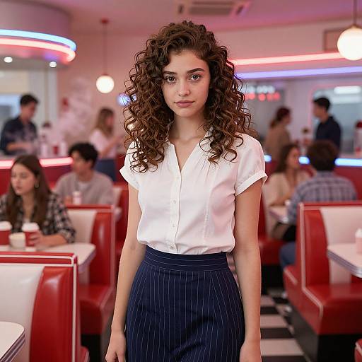 Photograph of a young woman with curly brown hair, wearing a white blouse and pinstriped navy skirt, standing in a retro diner with neon