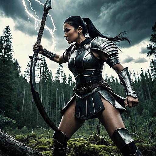 Female Warrior in Armor with Lightning in Forest
