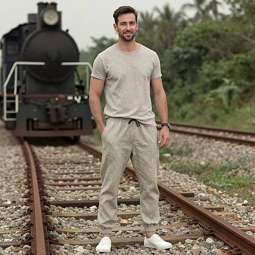 Photograph of a muscular, bearded man in gray sweatshirt and pants, white sneakers, standing on railway tracks with a black steam locomotive in