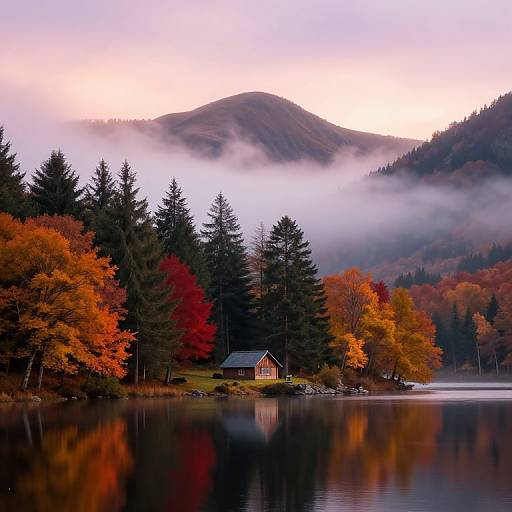 Photograph of a serene lake with a small wooden cabin, surrounded by colorful autumn trees, reflecting in the water, with mist-covered mountains in the background