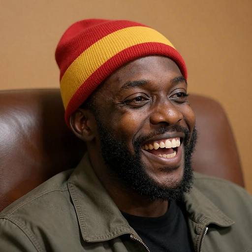 Smiling Man in Colorful Knit Hat