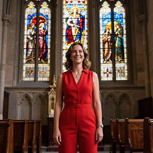 Photograph of a smiling woman in a vibrant red sleeveless dress standing in front of colorful stained glass windows in a cathedral.