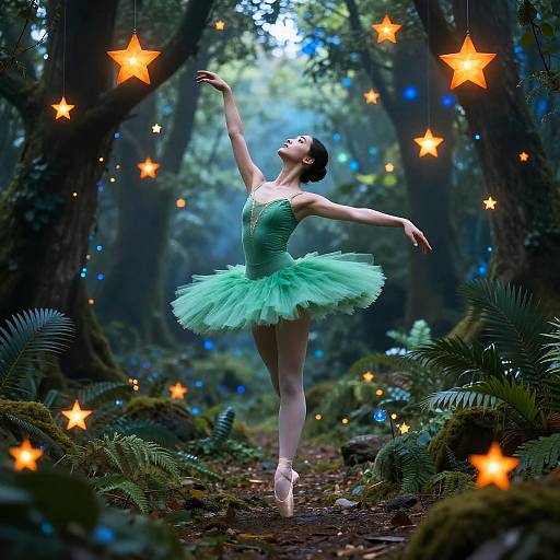Photograph of a ballet dancer in a green tutu, en pointe, dancing in a magical forest with glowing orange and blue stars.