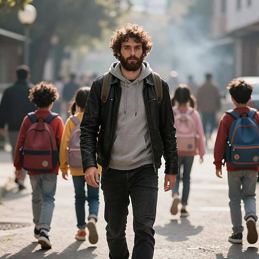Bearded Man in Smoky Sunlit Street