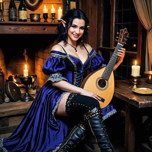 Half-Elf Bard in Purple Gown Playing Lute