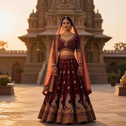Photograph of a South Asian bride in a maroon, gold-embroidered lehenga, veil, and jewelry, standing in front of a