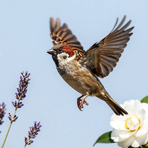 Colorful Sparrow in Flight with Nature