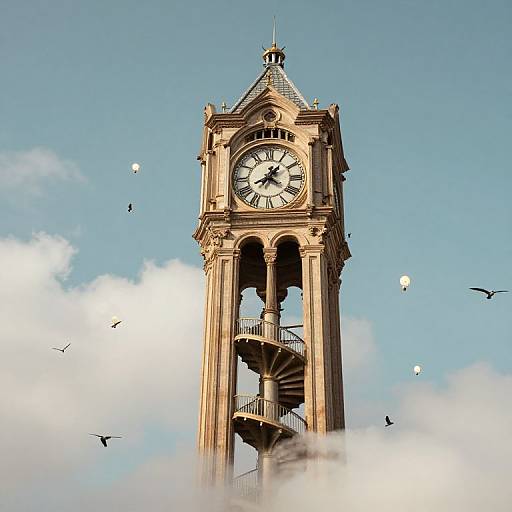 Photograph of a tall, ornate clock tower with a spiral staircase, surrounded by birds and clouds against a bright blue sky.