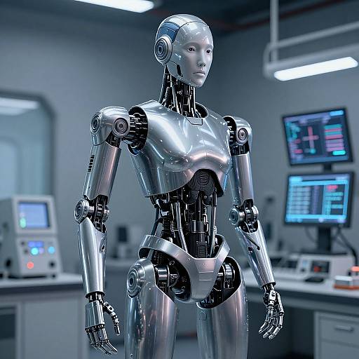 Photorealistic CGI of a shiny silver humanoid robot with exposed mechanical joints, standing in a high-tech laboratory with monitors and control panels.