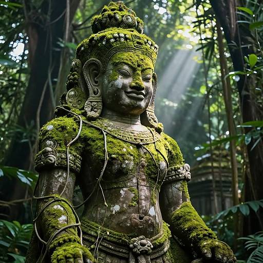 Photograph of a moss-covered ancient stone statue of an Asian deity in a lush, sunlit jungle, with light filtering through dense foliage.