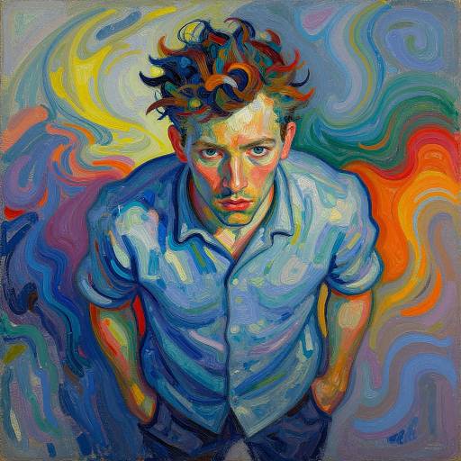 Vibrant, expressionist painting of a serious young man with curly brown hair, wearing a blue shirt, set against swirling colorful background.