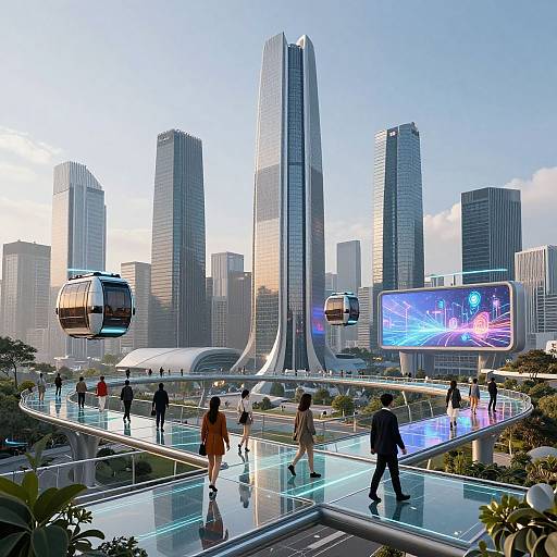 Photorealistic CGI of a futuristic cityscape with tall skyscrapers, floating cable cars, illuminated walkways, people walking, and a large digital