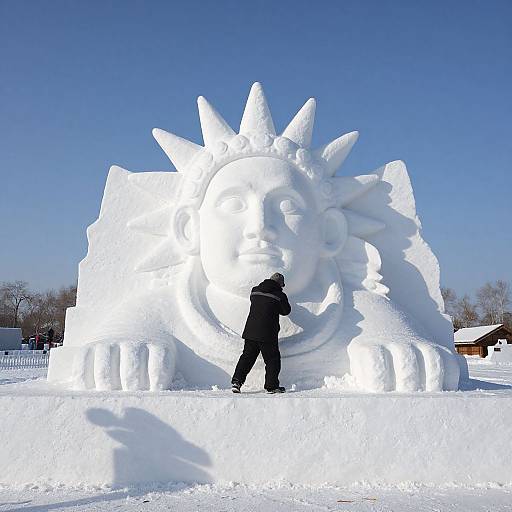 Photograph of a person in black winter clothing standing in front of a large, intricate ice sculpture of a sun face with spiky rays, set against